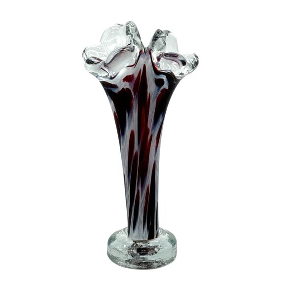 Double Bud Handblown Art Glass Vase Stretch Burgundy Blue White w/ Base 8.75" - Picture 1 of 6